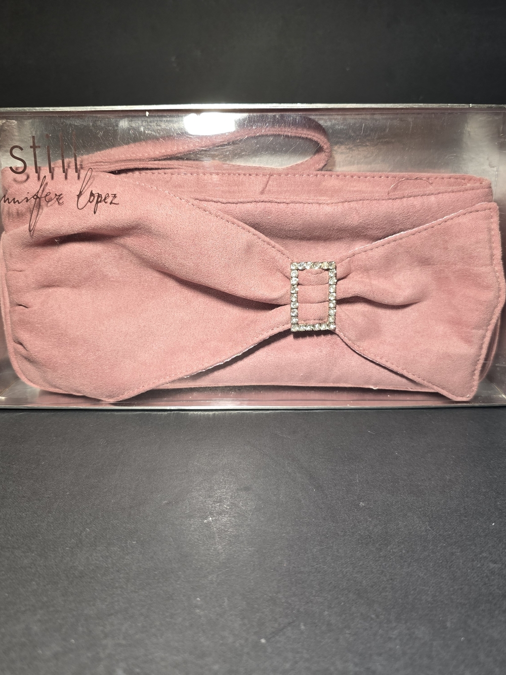 Jennifer Lopez Pink Suede Bow Clutch with Rhinestone Buckle